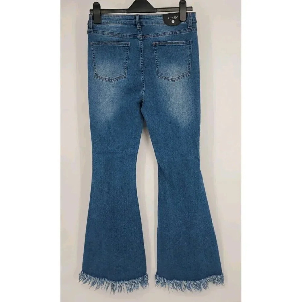 Denim Blvd Los Angeles High Rise Flare Raw Hi Low Hem Jeans Stretch Size Large - Picture 5 of 14